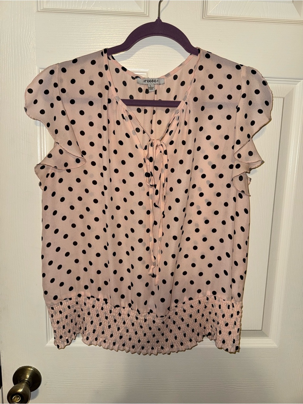 Reese Blush Pink Black Polka Dot Tie Neck Ruffle Sleeve Blouse Size L
